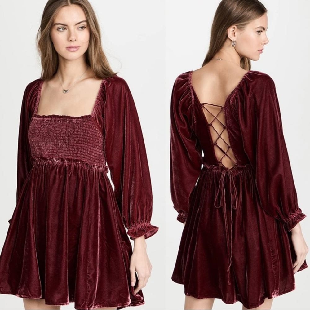 Free People Dainty Renaissance Daphne Velvet Mini Dress Burgundy Brown Small - Picture 8 of 17